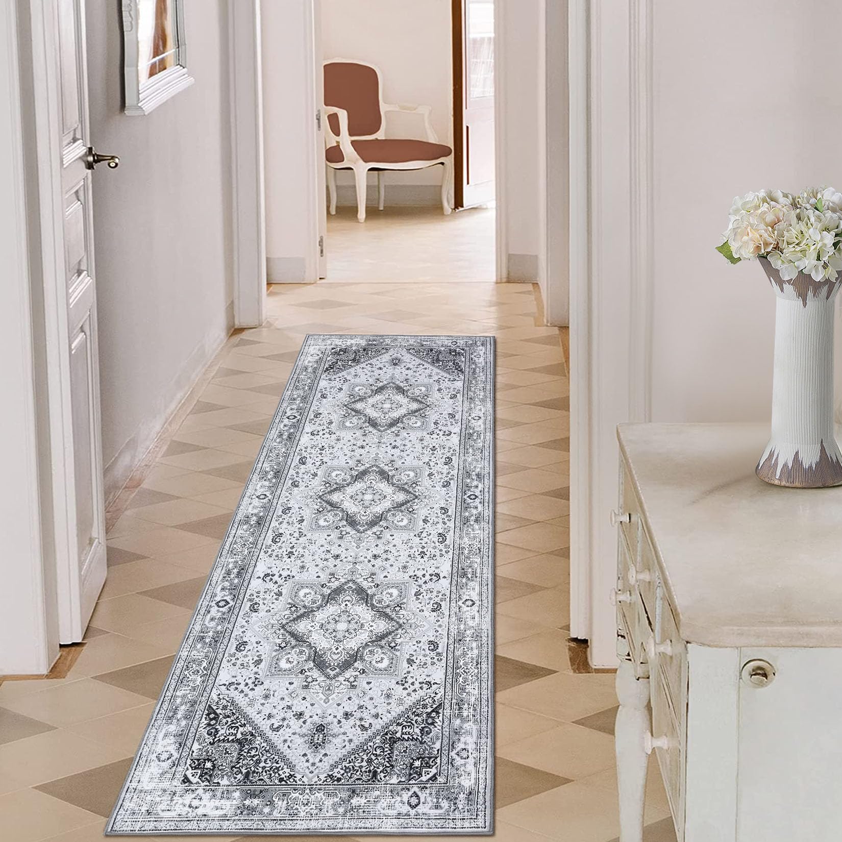 Alfombra vintage lavable Garvee con diseño floral